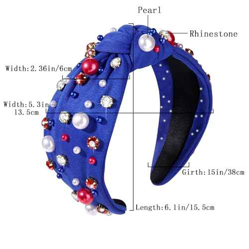 2pcs 4th of July Headband for Women Red and Blue Pearl Knotted Headband American Patriotic Element Pearl Rhinestone Jeweled Hairband Fourth Band American Independence Day Hair Accessories Gifts