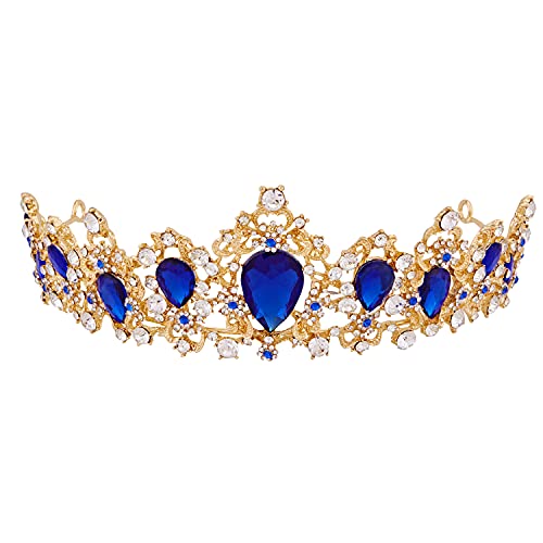 Audrey Descendants Costume Crown, Vofler Gold Tiara Royal Blue Crystal Headband Accessories for Women Queen Girl Bride Princess Quinceanera Birthday Wedding Pageant Prom Homecoming Halloween Party