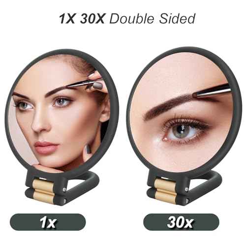 1x 30x Magnifying Travel Mirror, Hand Mirror with Handle - Double Side Hand Held Mirror with 1x30x Magnification & Foldable Handle, Portable Travel Makeup Hand Mirror for Women (Black)