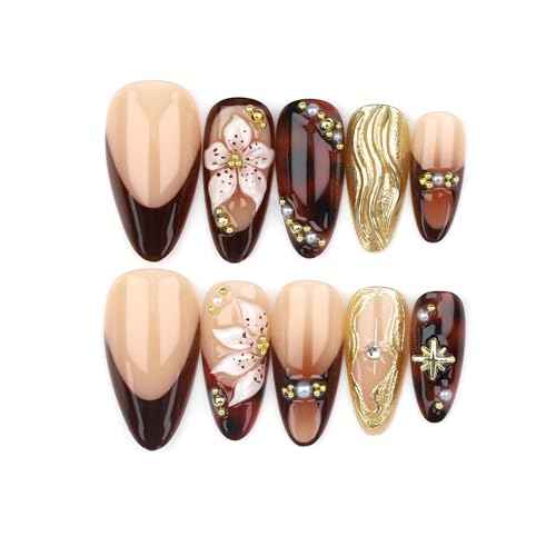 24Pcs Almond Press on Nails Medium Fake Nails with Brown Flower Designs French Nails 3D Gold Texture False Nails Star Press ons Pearl Jewelry Acrylic Nail Cute Stick on Nail for Women Manicure