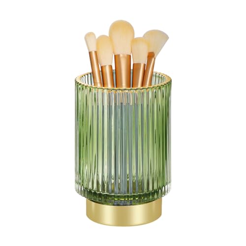 Glass Makeup Brush Holder Organizer, Gold Toothbrush Holders for Bathroom, Green Make Up Organizer Cup, Vintage Bathroom Makeup Brush Holder for Vanity, Countertop