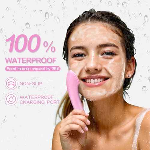 PRITECH Facial Cleansing Brush, Rechargeable Silicone Face Scrubber with Heat Massage End, Vibrating Exfoliator Scrubber for Deep Cleaning, Waterproof Face Brush for Women and Men (Pink)
