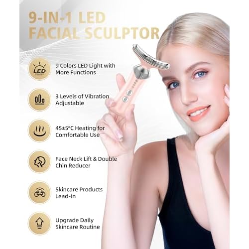 9-in-1 Red-Light-Therapy-for-Face-and-Neck, Portable Facial Massager Tool with Adjustable Vibration & Thermals for Wrinkles, Double Chin, Pink