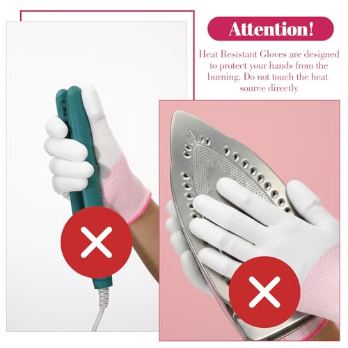 4 Pairs Heat Gloves for Hair Styling - Heat Resistant Gloves for Curling Iron & Wand, Nylon + PU, Green & Pink