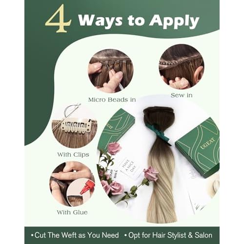 Ugeat 20 Inch Weft Hair Extensions Ombre Brown Sew in Hair Extensions for Women Balayage Chestnut Brown Mix Bleach Blonde Sew in Extensions Real Human Hair Comfort Wear 100G