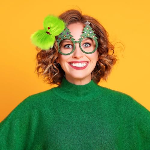 Vloso 2 Pcs Christmas Hair Bow for Girls,6 Inch Green Furry Hair Bow Clips with Red Heart,Christmas Decorations Costume Accessories Women Girls