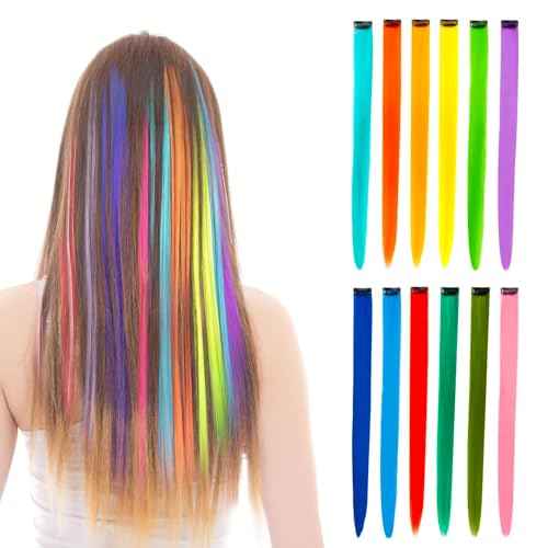 12 PCS Colored Clip in Hair Extensions - BEAHOT 20 Inches Rainbow Long Straight Hairpieces Clip in Synthetic, Halloween Cosplay Dress Up Fashion Party Christmas New Year Gift for Women Kids Girls