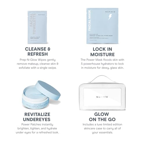 NuFACE Ultimate Glow Skincare Kit - Limited Edition Holiday Gift Set with Hydrogel Power Mask, Under Eye Patches, Prep-N-Glow Facial Wipes & Luxe Bag - Hydrating Skincare to Prep for Microcurrent, 4ct