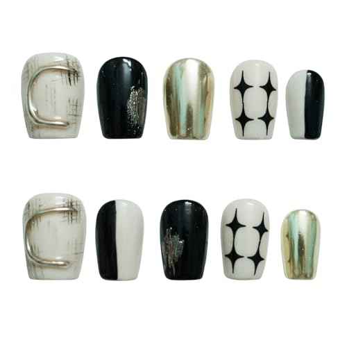 Trendy Press On Nails Black White Gold - 3D Short Square Nails Metallic Glitter Glossy Reusable Gel Press on Acrylic Fake Nail for Daily Nail Art (Starry Glow,M)