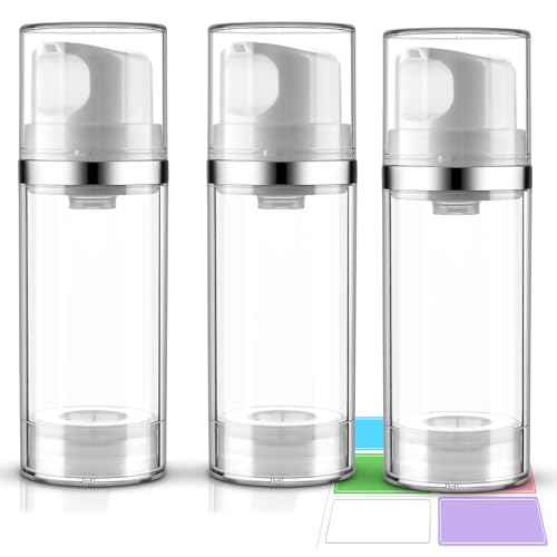 Airless Pump Bottles 3.4oz/100ml 3 Pack Lotion Dispenser Travel Pump Bottles for Toiletries Airless Cosmetic Pump Container Airless Pump Jar for Toiletries Shampoo Cream with Labels(Clear)