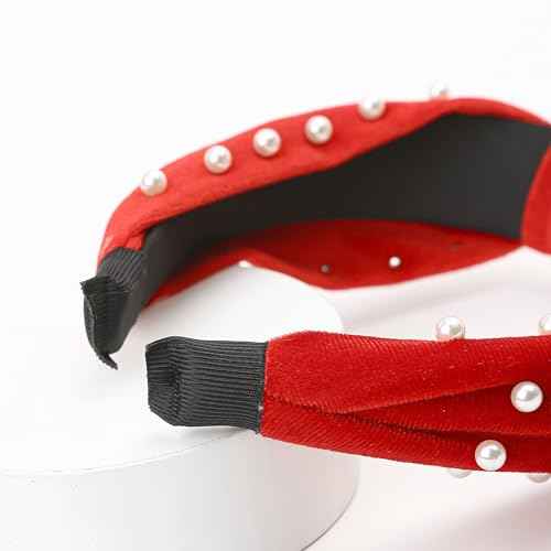 Marsrut Red Pearl Knotted Headband Women Girls, Fashion Cute Top Knot Velvet Hairband Non Slip Trendy Pretty for Valentines Christmas Easter, Beaded Wide Hair Accessories, Elegant Jeweled Embellished