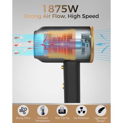 ANIEKIN Hair Blow Dryer 1875W with Diffuser, Travel Ionic Hair Dryer, Constant Temperature Hair Care Without Damaging Hair, Black