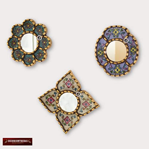 Artisan Small Accent Wall Mirror Set of 3 - Peruvian mirrors for wall with bronze leaf frame - Reverse Painted Glass Mirrors