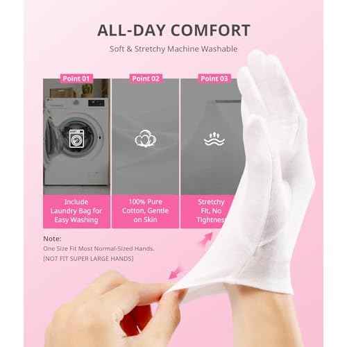 AIRSEE 2Pairs White Cotton Gloves for Dry Hands Eczema SPA Moisturizing - Men and Women Stretchable Cloth White Gloves Regular M