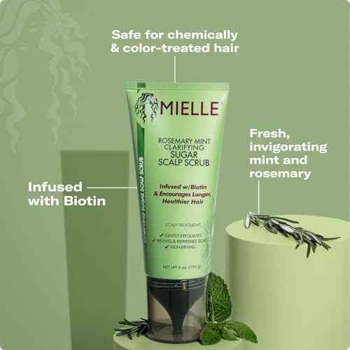 Mielle Organics Rosemary & Mint Sugar Exfoliating Scalp Scrub - Gentle Pre-Shampoo Dry Scalp Treatment for Oil & Product Buildup - Biotin Infused Non-Drying, Moisturizing Formula (6 Fl Oz)