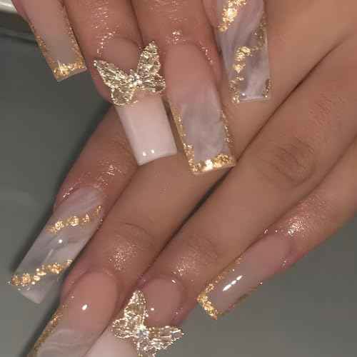 White French Tip Press On Nails Long Square Girls Fake Nails with 3D Butterfly and Gold Glitter Design, Acrylic Artificial False Nails Press Ons Stick On Nails for Women
