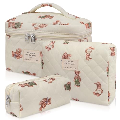 3pc Makeup Bag Set, Quilted Makeup Bag Set, Large Floral Cosmetic Bag for Women, Cute Cotton Makeup Bags, Flower Travel Toiletry Organizer Bag (White Bear)