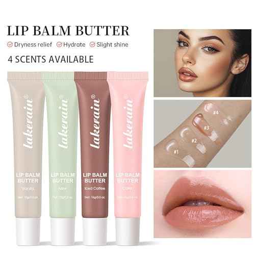 4 PCS Lip Glossy Butter Balm Set, Tinted Lip Balm Instant Moisture and Hydration Lip Gloss, Long Lasting Hydrating Glow Reviver Lip Care Oil, Christmas Makeup Gift for Women