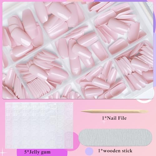 AddFavor 300pcs Coffin Press on Nails Medium Fake Nails Glossy Light Pink Nails Ballerina Square Nail Press on Acrylic False Nail for Women Girls