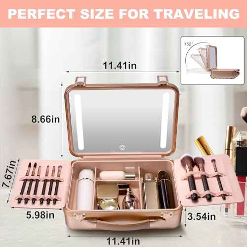 Mocado Travel Makeup Case with Lighted Mirror, Makeup Box with 8 Makeup Brushes and 10x Magnifying Mirror, Adjustable Brightness Makeup Train Case with Makeup Brushes Divider(Rose Gold)