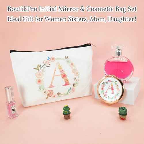 Personalized Gift Initial Compact Mirror w Makeup Bag for Women Sister Daughter Mom Wife, Floral Monogram Alphabet Small Mirror Ideal Gift on Birthday, Christmas, Graduation (C + Bag, ROSE GOLD)