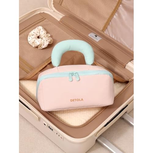 Detola Makeup Bag, Large Capacity Cosmetic Bags Travel Toiletry Bag for Women Waterproof Make up Organizer Portable Open Flat Cosmetic Pouch with Brush Compartment Travel Gifts for Women, Pink