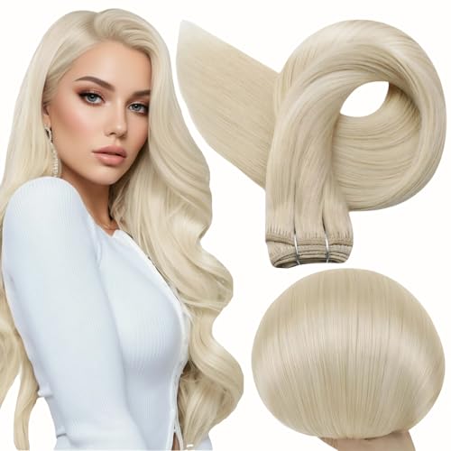 Full Shine Weft Hair Extensions Human Hair Color Platinum Blonde Human Hair Bundles Invisible Sew In Hair Extensions Double Weft Extensions Blonde Straight Hair Weft Sew Ins 105G 22 Inch