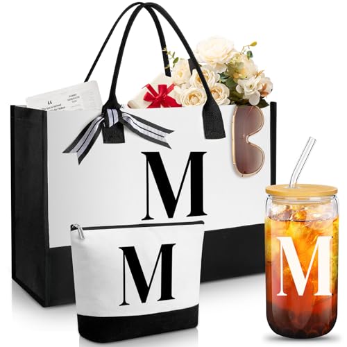 Aliceset Initial Gifts for Women Monogram Canvas Tote Bag and Makeup with Zipper and Initial Glass Coffee Cup Gifts for Her
