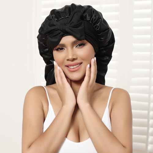 AWAYTR Long Satin Bonnet for Women - Double Layer Elastic Silk Bonnet for Braids Hair Sleeping Cap with Tie Band (Black)