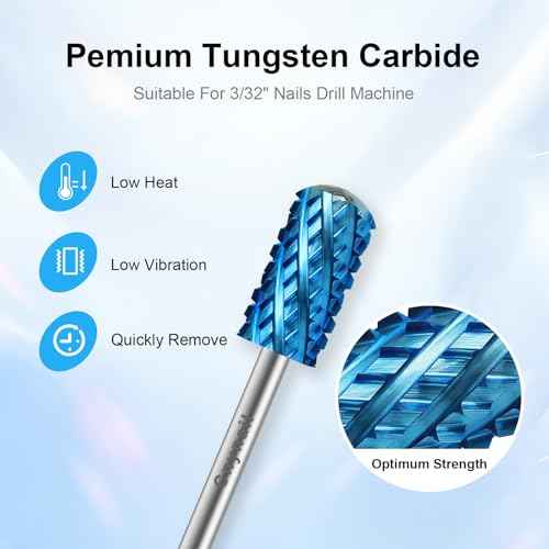 3/32" Large Barrel Smooth Round Top Tungsten Carbide Nail Drill Bit Safety Bit for Gel & Acrylic Removal, 2-Way Rotating Efile Tip, Salon Electric File Accessory (4XC Grit, Blue)