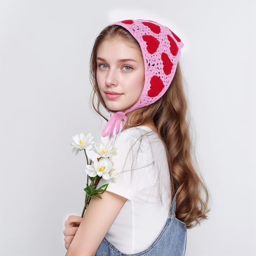 hoyuwak Crochet Head Scarf Bandanas Heart Headbands Hair Scarf Head Coverings Pink Hair Accessories for Women Hair Styling Valentine's Day Holiday Decor