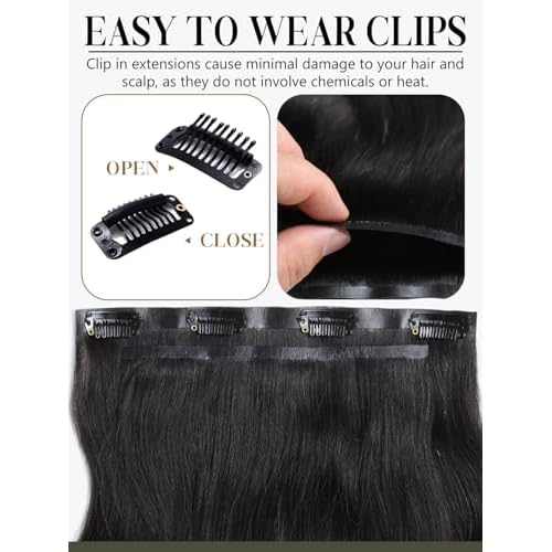 Loxxy Body Wave Clip in Hair Extensions, 20 Inch Natural Black Body Wave Seamless Clip Ins Human Hair Extensions #1B 7Pieces 110g PU Weft Easy Application