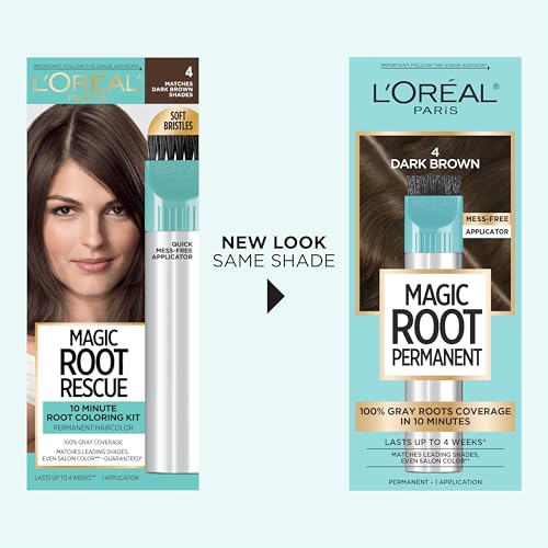 L'Oreal Paris Magic Root Rescue 10 Minute Root Hair Coloring Kit, Permanent Hair Color with Quick Precision Applicator, 100 percent Gray Coverage, 4 Dark Brown, 2 count