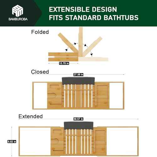 Foldable Bamboo Bathtub Caddy Tray Expandable for Luxury Bath, Bath Accessories & Table with Wine Glass Holder, Book Stand Bathroom Organizer with Extending Sides for Men/Women