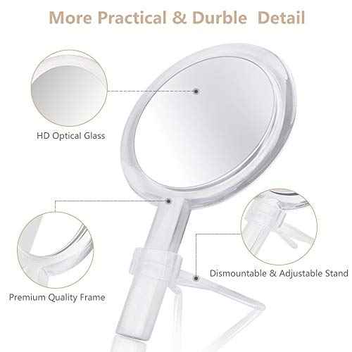 1X & 10X Magnifying Double Side Hand Makeup Mirror with Stand, Handheld Vanity Mirror, Clear