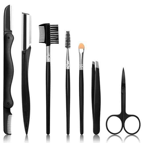Eyebrow Razor, 7 in 1 Brow Kit, Eyebrow Trimmer Set Including Brow Razors, Brush, Scissors, Tweezers, with Plastic Box for Women Men Eyelash Facial Grooming