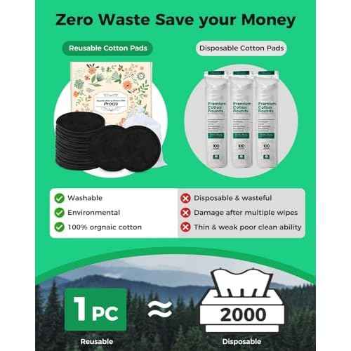 ProCIV Reusable Makeup Remover Pads - 25 Pack Washable Organic Cotton Rounds for All Skin Types & Toner with Laundry Bag, Eco Friendly Zero Waste Reusable Cotton Pads Travel Gadgets (Black)