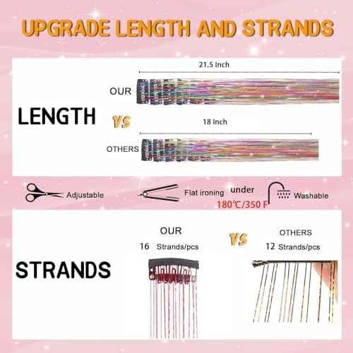 Hair Tinsel Clip in Tinsel Hair Extensions Gold Fairy Glitter Hair Tinsel Kit for Women Heat Resistant 21.5In 6Pcs Festival Accessories for Party, Christmas, New Year, Halloween, Cosplay