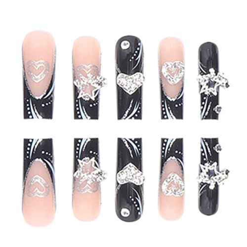 Fake Nails Black Long Press on Coffin Nails Heart Crystal Full Cover Acrylic French Shiny Fake Nails for Women and Girls 24PCS