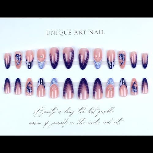 3D Blue Ocean Press on Nails Medium Almond Fake Nails with Shell Pearl Fish Designs French False Nail Tips Glossy Glue on Nails Full Cover Stick on Nails for Women Manicure Decorations 24Pcs