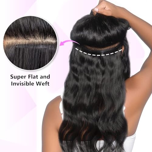 20 inch Seamless Body Wave Clip in Extensions Real Human Hair Extensions Clip Ins 110g 7pcs Thick Invisible Clip in Hair Extensions #1B Natural Black