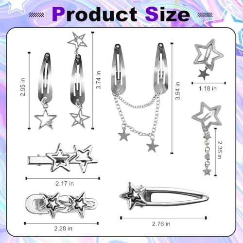 10 Pcs Silver Hair Clips Metal Star Barrettes, 8 Shapes Hairpin Barrettes, Goth Hair Pins Set, Punk 2000s Hair Accessories for Women and Girls Styling Star Hairpin (10 PCS)