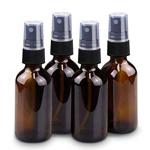 Wedama 2 oz Mini Glass Spray Bottles, Empty Small Spray Bottles with Funnel Dropper, Fine Mist for Hair, Travel, Plants, Cleaning Solutions and Skin Care (4 Pack Amber)