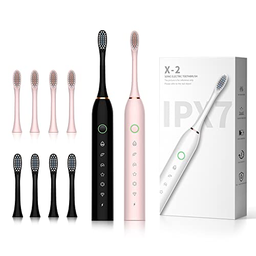 SUNPRO 2 Pack Sonic Electric Toothbrush for Adults, 6 Modes for Deep Clean, Include Smart Timer and 8 Heads (Black+Pink)