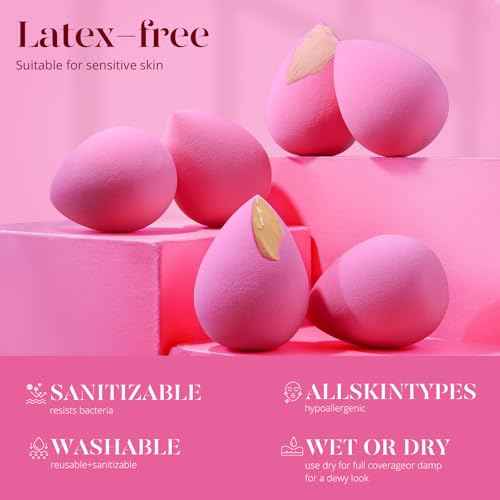 BEAKEY Super Soft Makeup Sponge Set of 6, Makeup Sponges for Foundation, Liquid, Cream and Powder, Pink Beauty Sponge for Blending, 0 Latex Blender