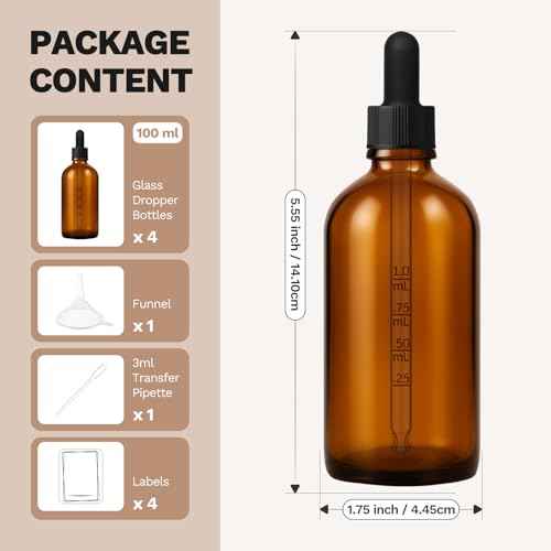 Bumobum 100ml Dropper Bottle, Amber Glass Dropper Bottle with Measured Dropper, 3.4oz Empty Eye Tincture Bottles with Funnel, Pipette & Labels for Essential Hair Oils Serums, 4 Pack