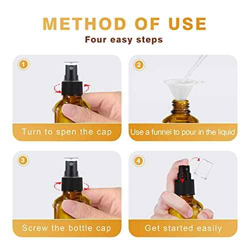 Amber Glass Spray Bottles 4oz,Small Empty Glass Spray Bottle Fine Mist Spray Refillable Containers,Mini Travel Spray Bottles set of 4,Included 6 Sprinkler,2 Funnels,1 Droppers,8 Labels