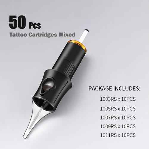 50Pcs #10RS Tattoo Cartridge Needles - 10 each: 1003RS, 1005RS, 1007RS, 1009RS, 1011RS. Pre-sterilized, individually packaged for safety. Strong stability, fits most rotary tattoo machines.