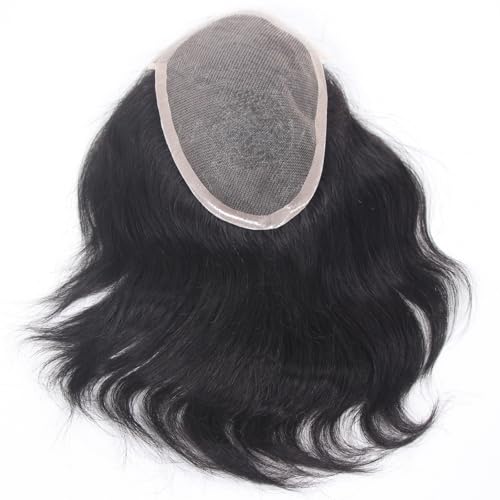 Swiss Lace Front with PU Men's Toupee Man Hairpieces Human Hair Replacement System for Men 4.5x7inch 10inches Long Hair 1B Black Color
