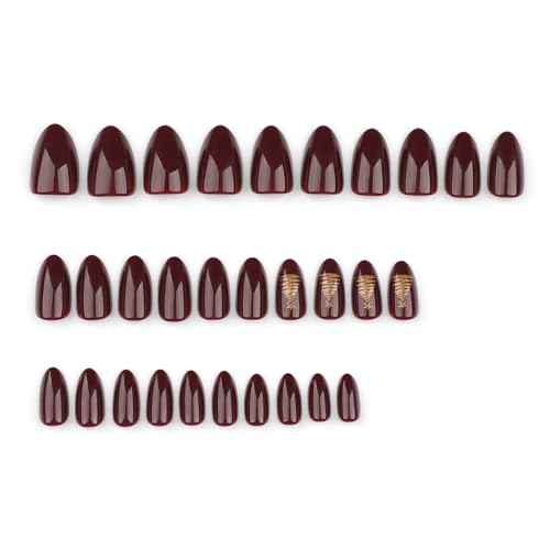 Red Press On Nails Almond Short Christmas Brown Red Fake Nails with Gold Tree Designs Fall False Nails Press Ons Glossy Full Cover Nail Tips Acrylic Artificial Glue Stick On Nails for Women 24PCS